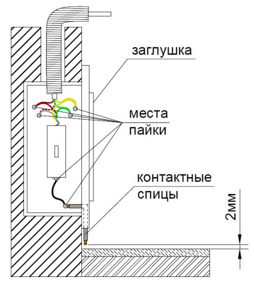 Скрытый способ установки датчика протечки, вид сбоку