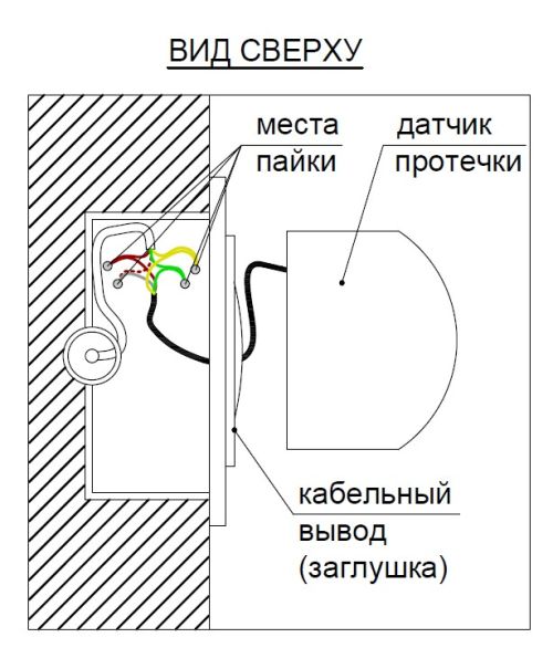 Вид сверху на подключение датчика протечки