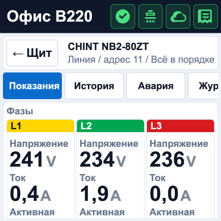 Данные линии в компактном интерфейсе TP4-ENERGY